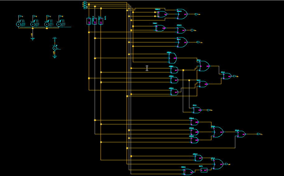 2.4 Simulação elétrica Após a simulação lógica do circuito, também foi realizada a simulação elétrica do mesmo conforme o esquemático abaixo: Figura 5: Esquemático para simulação elétrica.