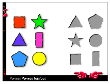 Quadrados e retângulos; Triângulos; Números; Mãos. Cada forma possui seu lugar correto para encaixar, ou seja: Clique na forma e a leve até o lugar que achar correto.