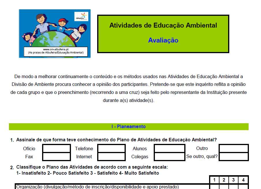 Ficha de Avaliação das Atividades: Escola Limpa, Espaço