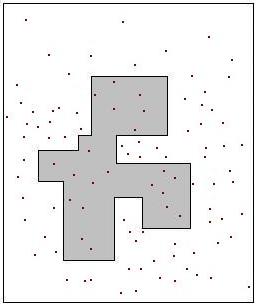 3 Desses pontos, aconteceu de 22 pertencerem ao interior da região assinalada. Logo, uma aproximação para sua área é dada pela relação: 22/100 = área/100 = 22cm 2.