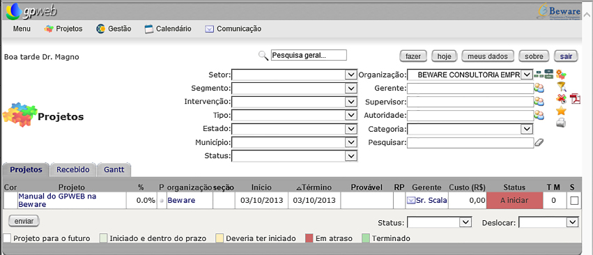 Do lado direito da tela inicial ou na tela Lista de Projetos, há um pequeno botão que, ao clicá-lo, irá criar um novo projeto (conforme figura lista de projetos), em seguida, abrirá a janela Criar