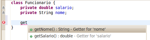 Encapsulamento 1 class Funcionario { 2 private double salario; 3 private String nome; 4 5 public double getsalario() { 6 return this.salario; 7 } 8 9 public String getnome() { 10 return this.