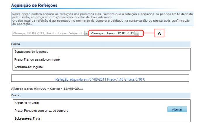 5.3 Consulta de ementas (refeitório) Nesta opção poderá consultar as ementas para os próximos dias. 5.