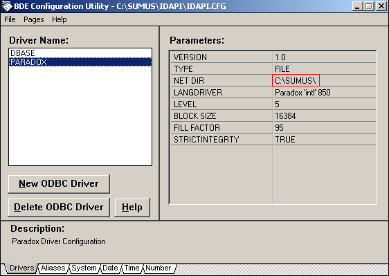 A seguinte tela será exibida: No campo Drivers Name selecione a opção "Paradox", e ao lado direito, modifique o parâmetro informado em "Net Dir" para "C:\Sumus\" (caso o diretório de instalação não