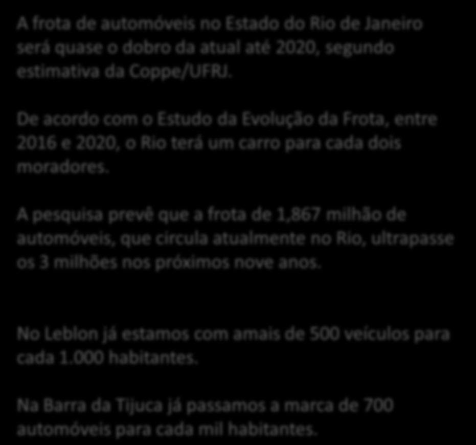 De acordo com o Estudo da Evolução da Frota, entre 2016 e 2020, o Rio terá um carro para cada dois moradores.