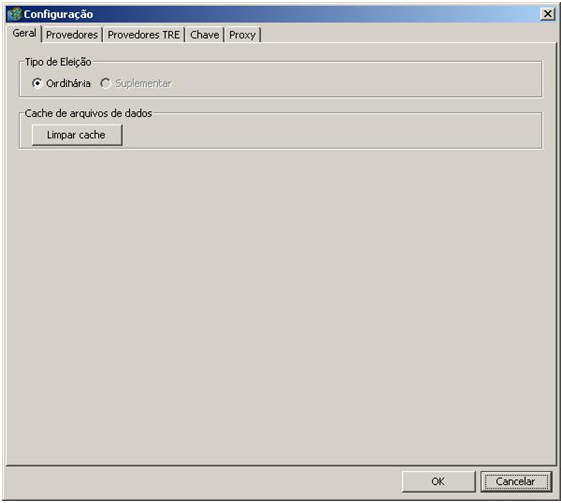 .. Configurar... Configurar Geral Na tela de configurações gerais do Divulga00 é possível configurar o Tipo da Eleição e limpar a Cache de arquivos de dados.