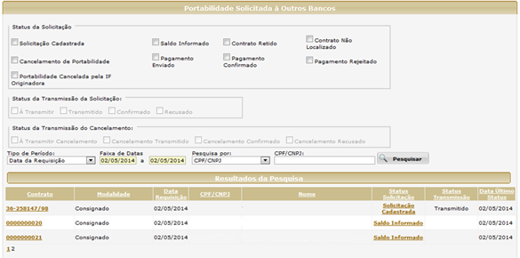 Ao retornar no resultado da pesquisa e clicar no link do Status da Solicitação Cadastrada, será possível visualizar a tela de