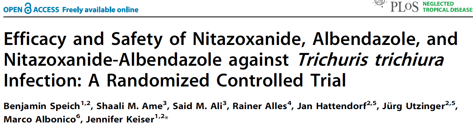 Objetivo: Avaliar a eficácia e segurança da Nitazoxanida, Albendazol e Nitazoxanida/Albendazol contra Trichuris trichiura.
