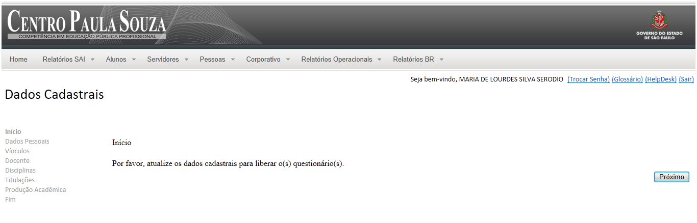 3. O Diretor, informa o e-mail e senha (O e-mail e senha que vem sendo usado no sistema WebSAI) e clica no botão Entrar. 4. O sistema irá autenticar os dados e fornecer a primeira tela do sistema.