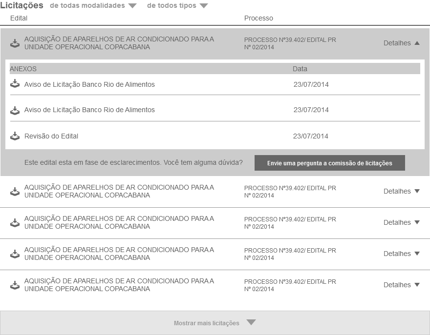 3.28. C28 Licitações 3.28.1. Descrição Licitações não encerradas. 3.28.2. Referências SharePoint Biblioteca Licitações arquivos. 3.28.3. Regras de exibição Deve apresentar 5 licitações não encerradas mais recentes com opção de filtro por modalidade e tipo.