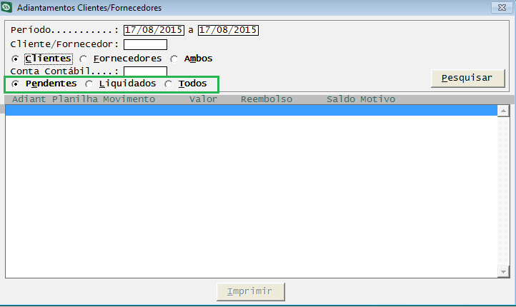 34 Figura 30 Adiantamentos Clientes/Fornecedores, Tela sem filtro Reembolso.