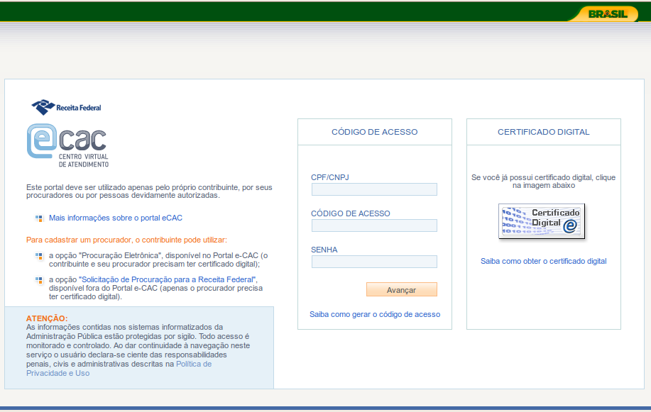 O usuário deverá clicar em Certificado Digital, conforme mostrado na figura acima.