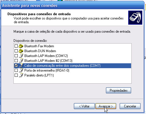 Agora deixe selecionado somente o Cabo de comunicação com a COM que