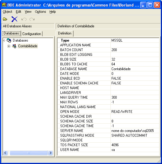 Para configurar o Alias que será usado pela contabilidade, clique no menu Iniciar >> Todos os programas >> Gvdasa >> BDE Administrator.
