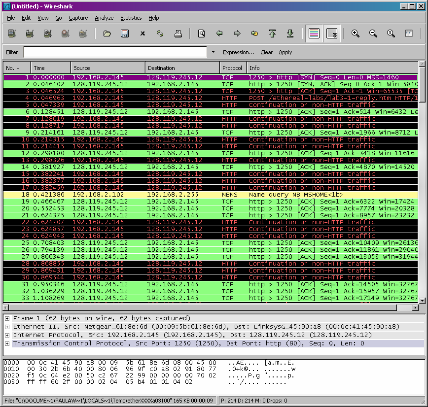 Figura 2: Screenshot 2 2 Primeira análise do trace capturado Antes de analisar o comportamento da conexão TCP em detalhes, vamos tomar uma visão de alto nível do trace capturado.