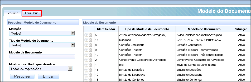 6.1.2. Criando novo Modelo de Documento Para criar um novo Modelo de documento clicar na guia Formulário.