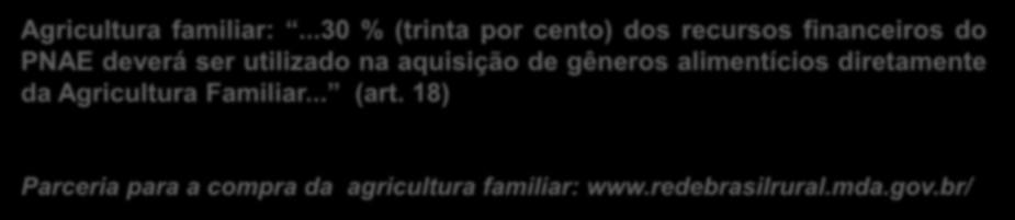 AQUISIÇÃO DOS ALIMENTOS Resolução FNDE nº. 38, de 16/7/09 A AQUISIÇÃO DOS GÊNEROS ALIMENTÍCIOS, NO ÂMBITO DO PNAE, DEVERÁ: obedecer ao cardápio planejado pelo nutricionista... (art.