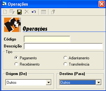 3.1.6 - OPERAÇÕES Nesta opção o usuário deverá cadastrar todas as operações financeiras que serão utilizadas pelo sistema, para identificar um evento financeiro.