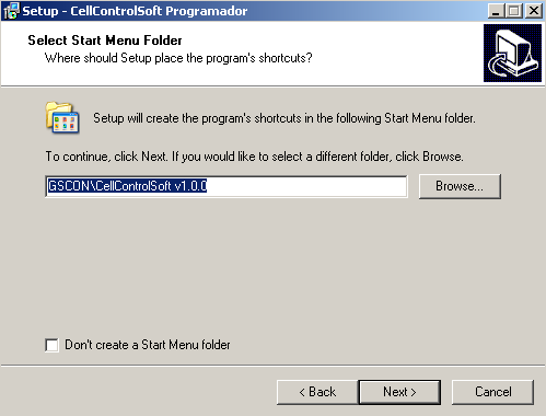 Figura 3 Tela de Instalação 3 A seguir será questionado o nome do folder no menu iniciar onde você deseja instalar os ícones para acesso ao software de programação e