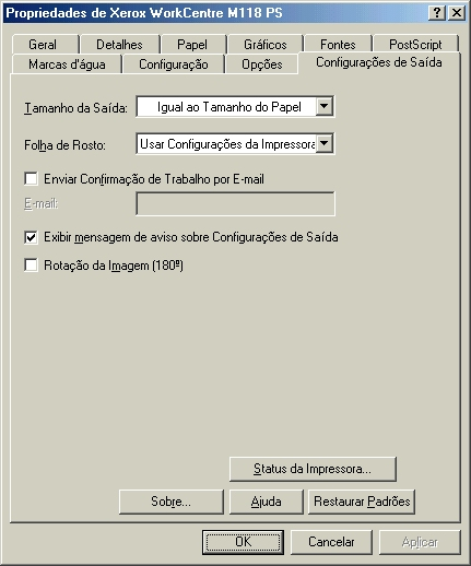 2 Operação com o Windows 95/98/Me Configurações da guia Configurações de Saída Esta seção descreve as configurações da guia Configurações de Saída.