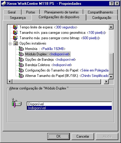 3 Operação com o Windows NT 4.0 Configurações da guia Configurações do dispositivo Esta seção descreve as Opções instaláveis na guia Configurações do dispositivo.