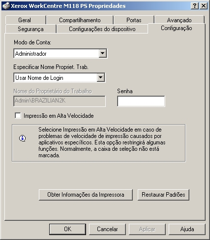 4 Operação com o Windows 2000, Windows XP e Windows Server 2003 Configurações da guia Configuração Esta seção descreve as definições da guia Configuração.