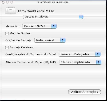 Configure os itens no menu de opções em Opções instaláveis e clique em [OK]. Para Mac OS X Esta seção descreve as Opções instaláveis para Mac OS X. 1.