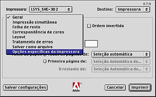 5 Operação em computadores Macintosh Configurações Memória - Especifica a quantidade de memória da impressora. Módulo Duplex - Especifica se uma unidade duplex está instalada.