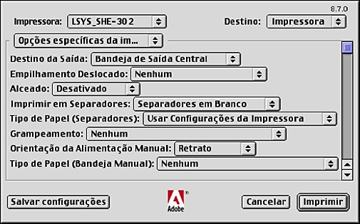 5 Operação em computadores Macintosh 3. Especifique as funções que deseja configurar. Configurações Esta seção descreve as configurações da lista Opções específicas da impressora.