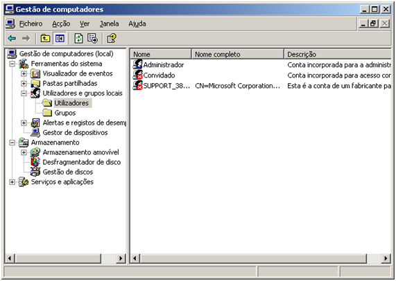 Clique em utilizadores e grupos locais, e de seguida em Utilizadores, onde diz