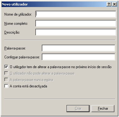 Para criar um utilizador, clique no botão Acção, de seguida clique em novo utilizador.