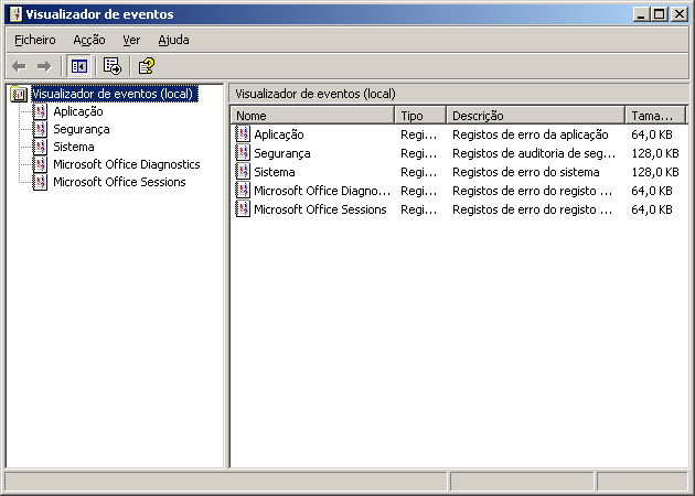 Após ter clicado em Visualizador de Eventos aparecer-lhe-á esta janela que se encontra abaixo.