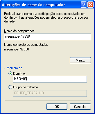 Como o, anteriormente, o nosso domínio criado tem o nome de MEGA03, é esse nome que temos colocar no local de domínio como a