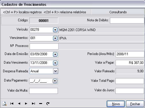 Vencimentos: Nesta tela é informado qualquer tipo de vencimento que o setor de frotas controla referente aos veículos.