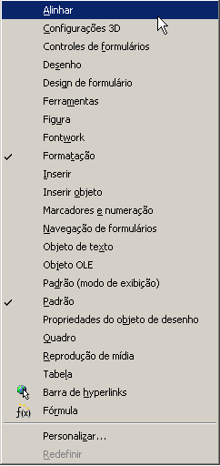 BARRAS DE FERRAMENTAS Abre um Sub-menu para mostrar e ocultar barras de ferramentas. Uma barra de ferramentas contém ícones e opções que permitem acessar rapidamente os comandos do BrOffice.org.