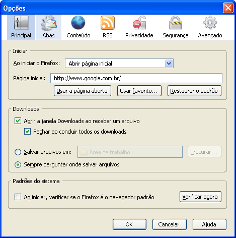 Opções Gerais Na Aba Geral contem as configurações de Página Inicial (que pode ser mudada para qualquer página válida na internet ou página existente no próprio computador) e de Conexão entre outras.