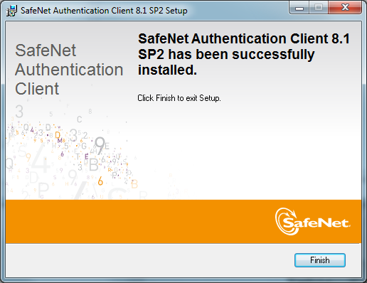 Ao final da instalação, será visualizada a tela contendo a mensagem de que o SafeNet foi instalado com sucesso. Clique em Finish.