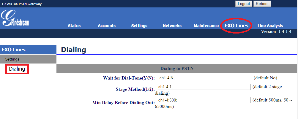 Ainda em FXO Lines acesse Dialing FXO Lines>Dialing > Stage Method: Troque 2 por 1 e Salve Agora Acesse a aba Settings.