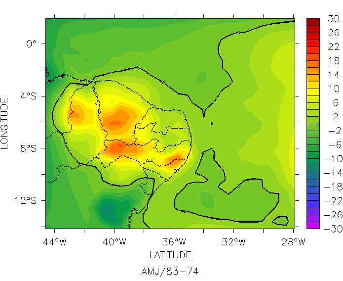 92 Figura 23 Médias trimestrais da radiação solar incidente para casos de El Nino (esquerda) e La Nina (direita) e as diferenças entre estes fenômenos (centro), na primeira grade da simulação.