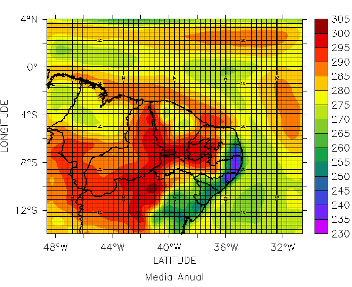 65 Figura 16 Média anual da radiação solar incidente usando a parametrização de Chen & Cotton, com destaque para a grade horizontal usada na simulação.