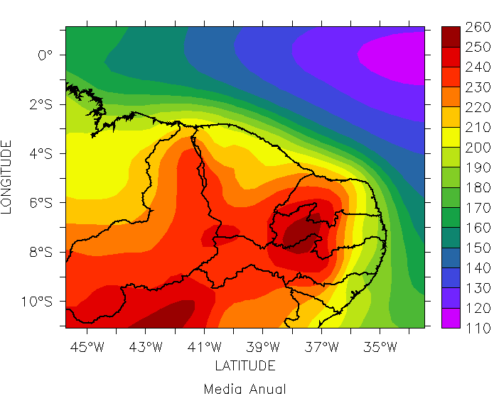 78 Figura 21 Média mensal de uma área sobre o Ceará, corrigida através de regressão linear entre a fração de cobertura de nuvem e a razão entre a radiação observada sobre a radiação no topo da
