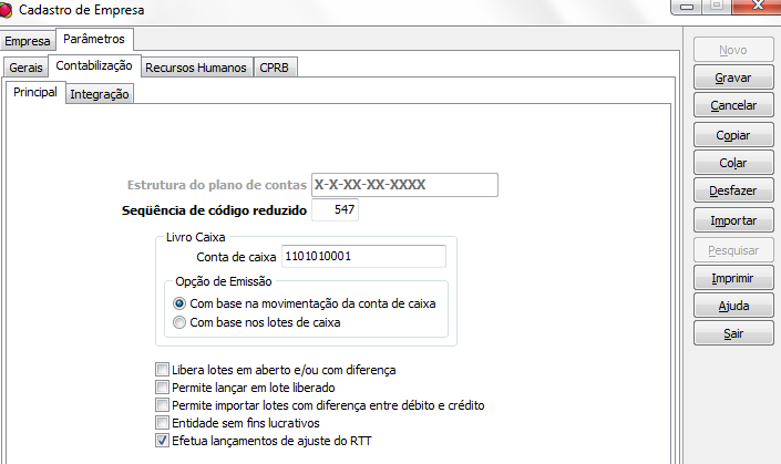 5. Lançamento de Ajuste do RTT Em Cadastros / Empresas / Parâmetros / Contabilização / Principal marque Efetua Lançamentos de ajuste do RTT se a empresa efetua lançamentos de ajustes do RTT, para