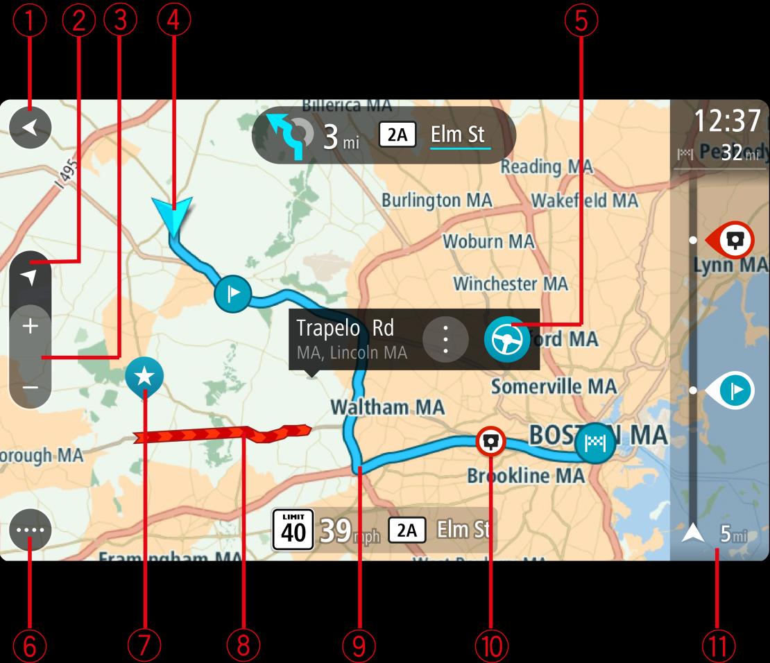 Se você tiver planejado um percurso, seu percurso completo será exibido no mapa. Você pode adicionar paradas ao seu percurso diretamente no mapa.