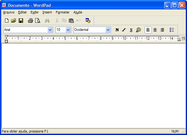 Janela do WordPad Barra Padrão Na barra Padrão, é onde encontramos os botões para as tarefas que executamos com mais frequência, tais como: Abrir, salvar, Novo documento, imprimir e etc.