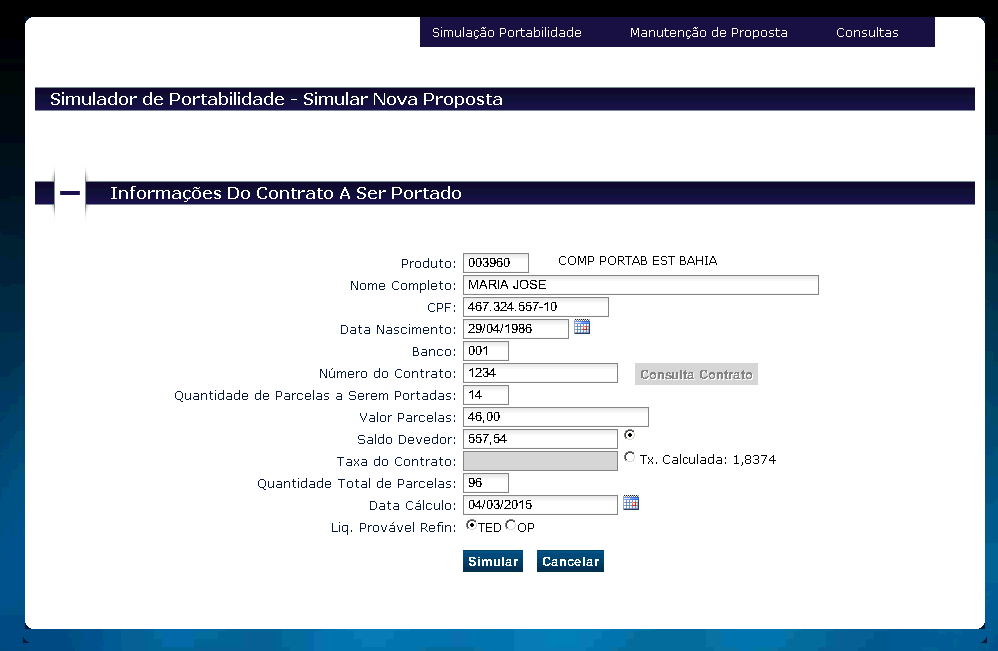 Clique em Simular. Atenção! O campo Taxa do Contrato não necessita de preenchimento, ele será calculado automaticamente pelo simulador.