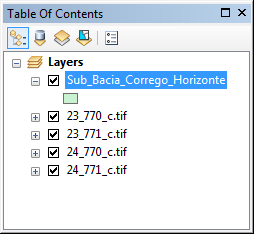 Na Tabela de Conteúdos, clique sobre o símbolo retangular representativo do arquivo vetorial poligonal Sub_Bacia_Corrego_Horizonte; 3.