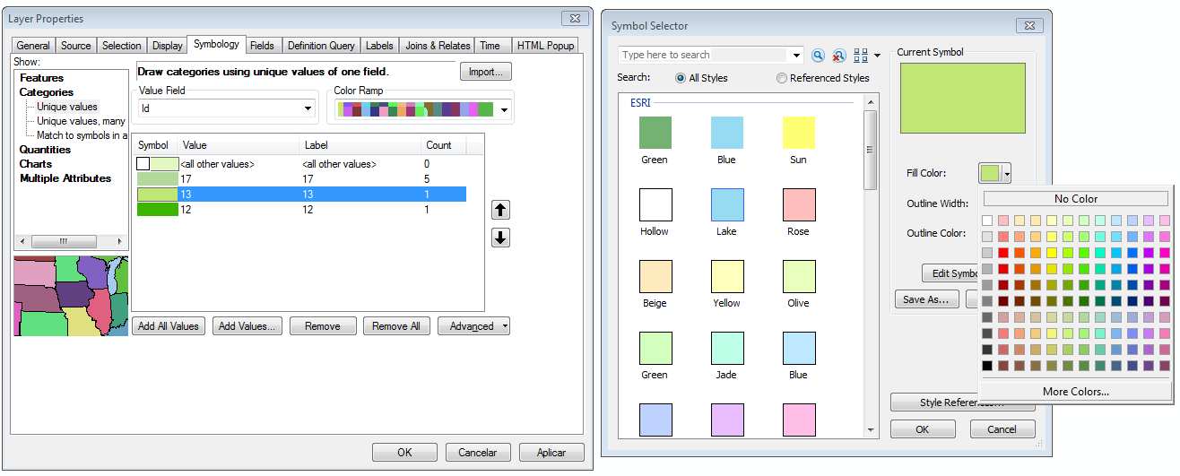 ArcGIS 10.2.2 Passo a Passo: editando dados espaciais 39 38 40 41 42 43. Na caixa de diálogo Layer Properties, clique sobre a cor representativa do código 13; 44.