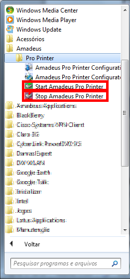 Iniciar e Parar a PP 5.1P275 Uma vez que todas as impressoras estejam configuradas, você poderá testar a sua configuração ativando o serviço da Amadeus Pro Printer.