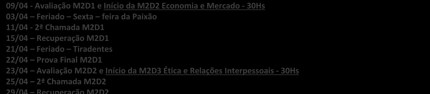 ABRIL 1 2 3 4 5 6 7 8 9 10 11 12 13 14 15 16 17 18 19 20 21 22 23 24 25 26 27 28 29 30 09/04 - Avaliação M2D1 e Início da M2D2 Economia e Mercado - 30Hs 03/04 Feriado Sexta feira da Paixão 11/04-2ª