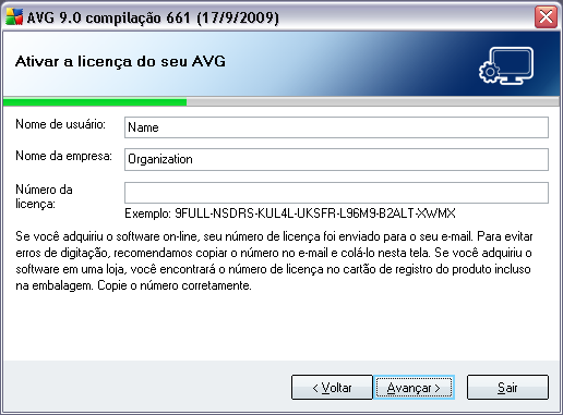 depois da aquisição do AVG 9.0 File Server on-line. Digite o número exatamente como mostrado.